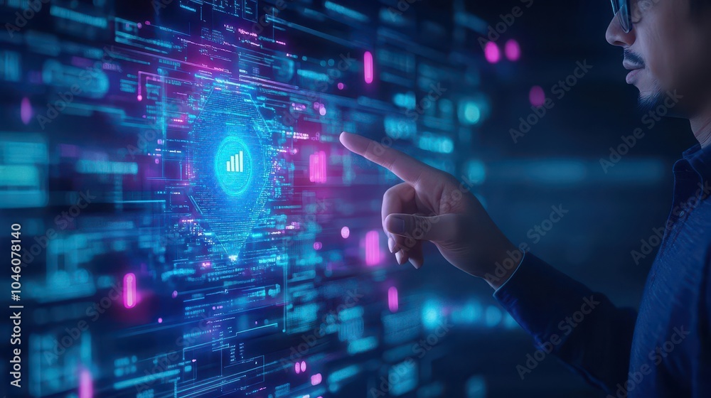 Aufkleber hand gesturing to a holographic projection, ai assistant interface, digital innovation