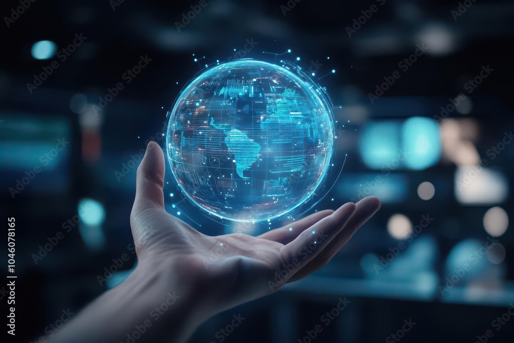 Poster Hand controlling a floating holographic globe, interactive data visualization, sleek design