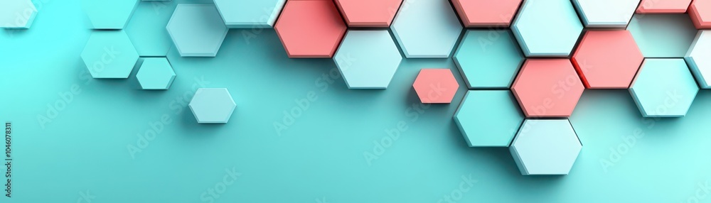 Poster Gradient hexagonal shapes placed over a minimalistic geometric background, top view, space theme, 3D render, Triadic Color Scheme