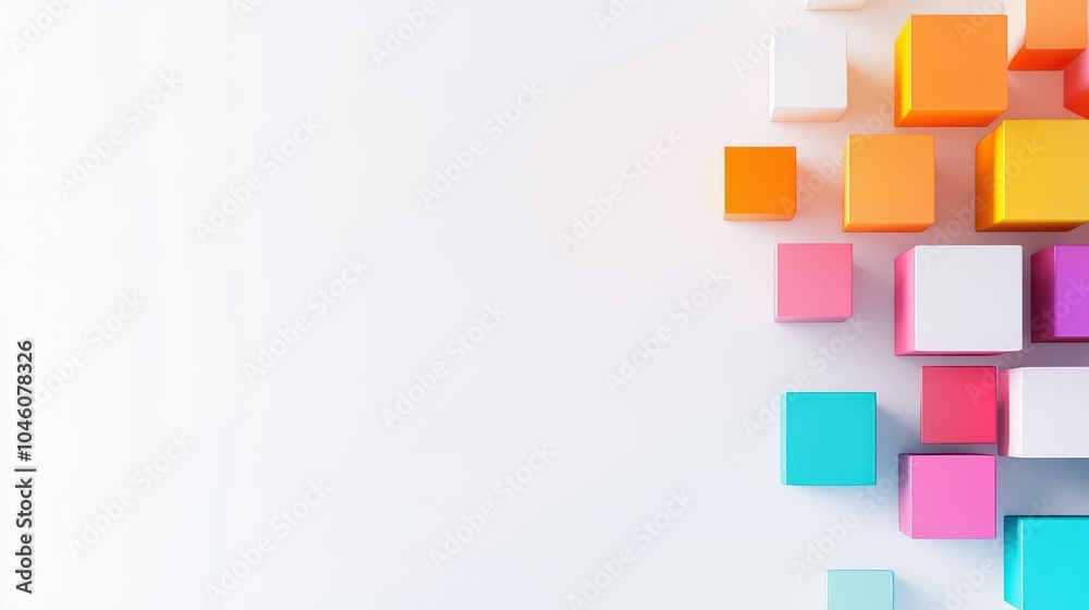 Poster Gradient cubes arranged in a geometric pattern on a white background, top view, digital art theme, animation style, Complementary Color Scheme