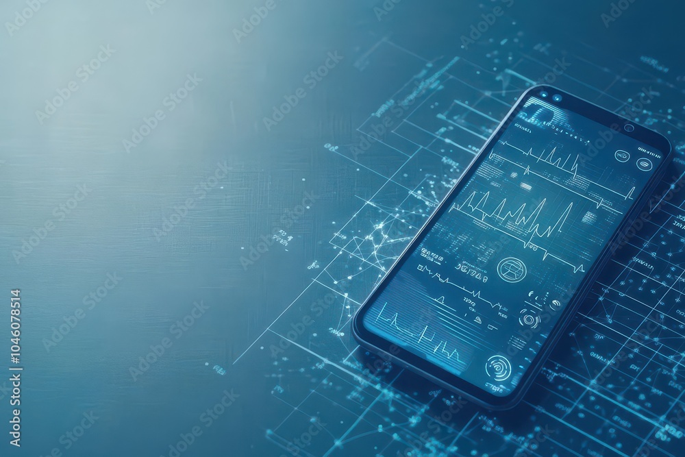 Poster Futuristic mobile device with biometric sensors analyzing health data, top view, emphasizing healthtech advancements, technology tone, Monochromatic color scheme