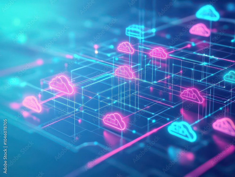 Aufkleber floating 3d shapes with glowing connections in a flat design, top view, cloud storage theme, animati