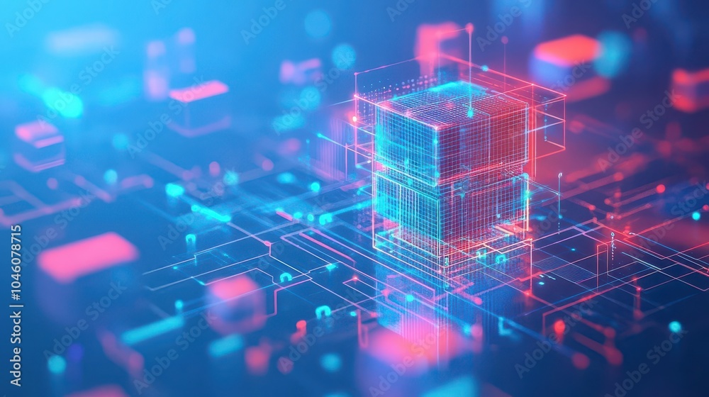 Poster floating futuristic buildings, digital veins connecting structures, holographic data streams, highte
