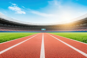 A vibrant athletic stadium with a clear blue sky and a well-maintained running track under the sun.