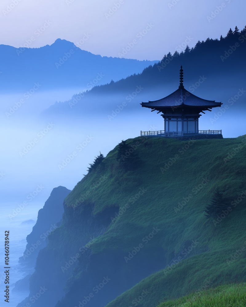 Wall mural Misty landscape with a pagoda on a cliff overlooking the ocean.