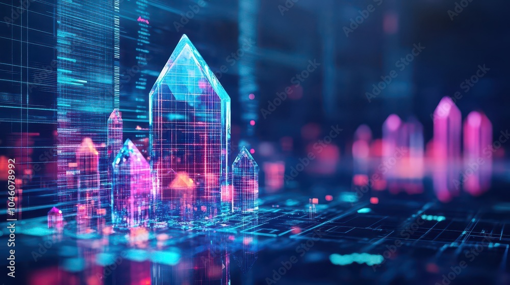 Poster Crystals with embedded digital grids, side view, showing how big data is organized in layers, cybernetic tone, Triadic color scheme