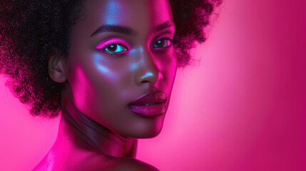 Obraz premium A stunning young African woman poses gracefully in the studio, adorned with colorful neon lights filtering through.