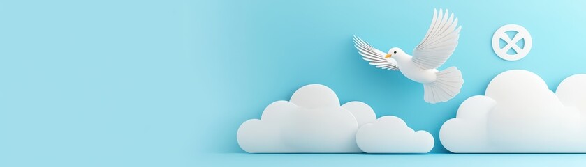 A white dove flying gracefully against a blue sky with clouds in the background.