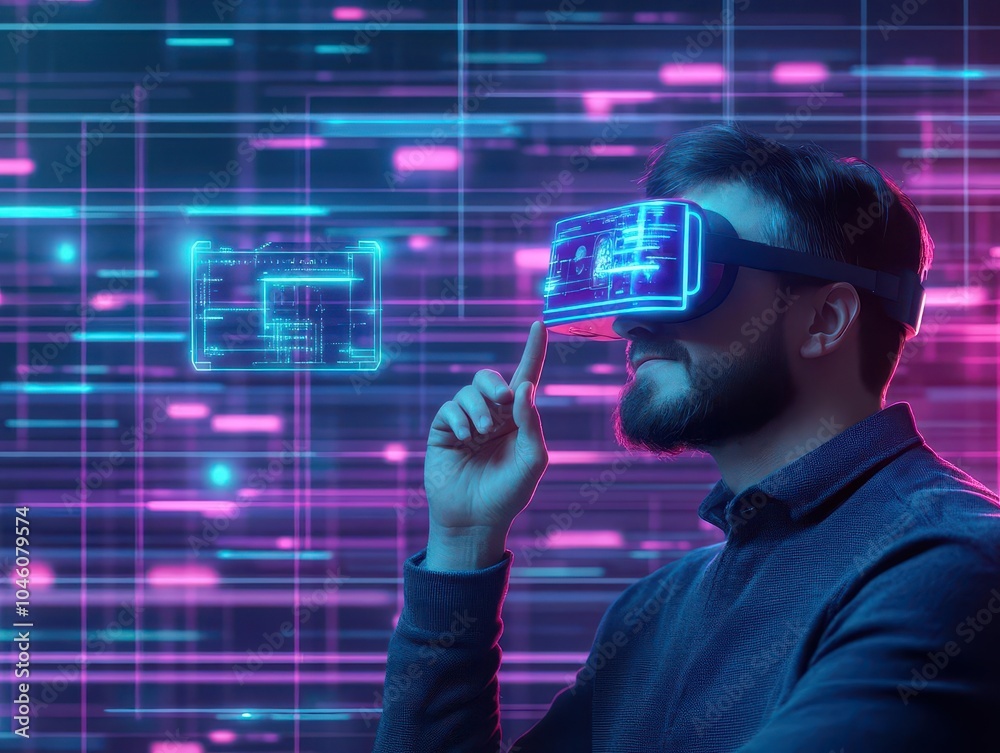 Aufkleber business leader reviewing an outsourced project via an augmented reality headset, office setting wit