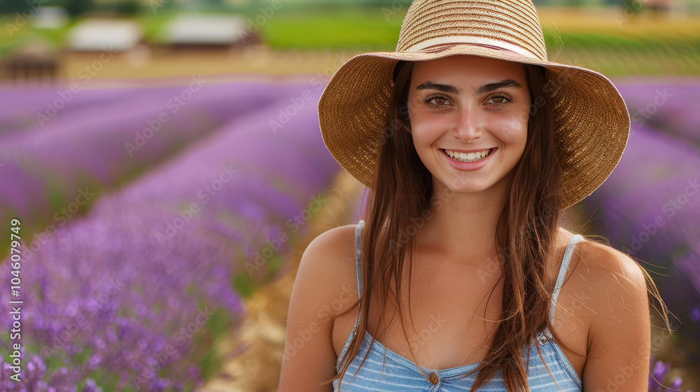 Wall mural a joyful woman strolls through a stunning lavender field, her hat swaying gently in the breeze.