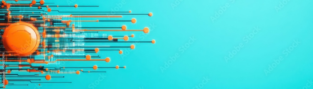Poster angular shapes and futuristic nodes in a flat design, side view, robotic technology theme, water col
