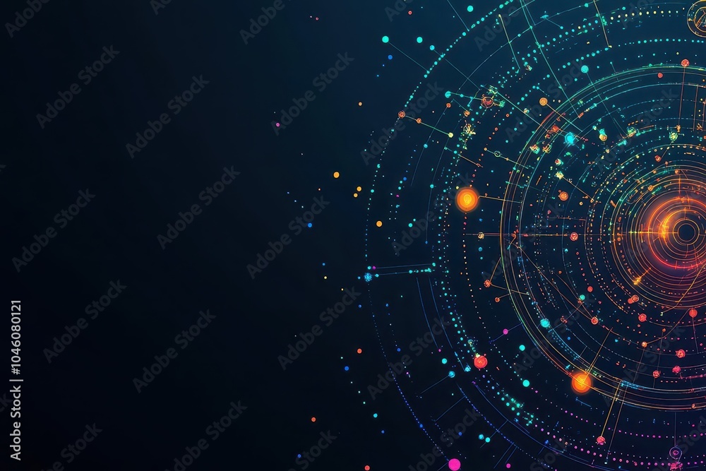 Aufkleber Abstract patterns of tech spirals and dots in a flat design, side view, holographic tech theme, cartoon drawing, Splitcomplementary color scheme