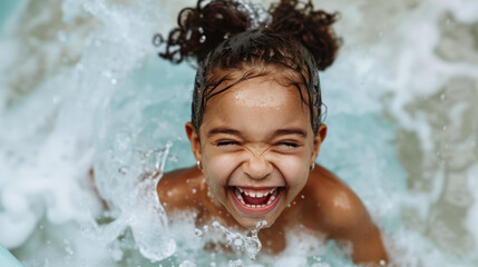 A joyful young girl gleefully slides down a thrilling water slide, enjoying her summer holidays with pure delight.