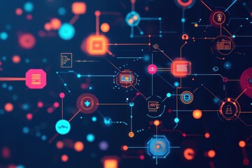 Abstract tech mesh network in a flat design, top view, automation theme, cartoon drawing, Splitcomplementary color scheme