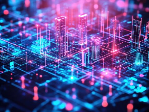 Abstract smart city, floating architecture, neon digital pathways, interconnected energy lines, ultramodern design