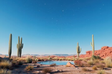 A tranquil desert spa with an outdoor mineral pool surrounded by tall cacti and red rock formations Stars start to appear in the evening sky Side view Suggests healing in desert so