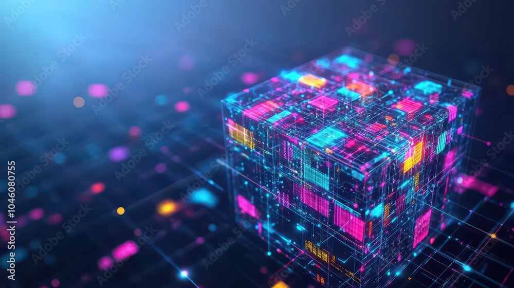 Fototapete A crystal structure refracting colorful data patterns, top view, showing how big data is visualized, futuristic tone, Splitcomplementary color scheme