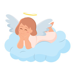 Cute angel with halo flying among clouds Vector