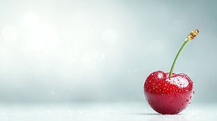   A red apple with a stem protruding from its core and water droplets adorning its surface