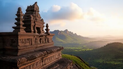Ancient temple ruins with lush green landscape under a cloudy sky.