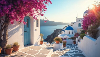 Fototapeta premium A scenic Santorini house with bougainvillea, blue domes, and Aegean Sea, ideal for tourism.