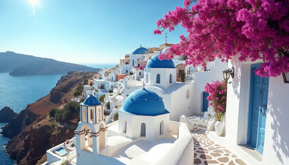 Obraz premium A scenic Santorini house with bougainvillea, blue domes, and Aegean Sea, ideal for tourism.