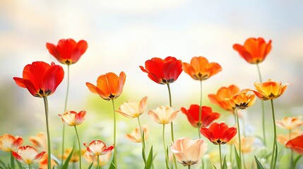 Fototapeta premium A field of red and yellow tulips on a sunny day with a blurry sky in the back
