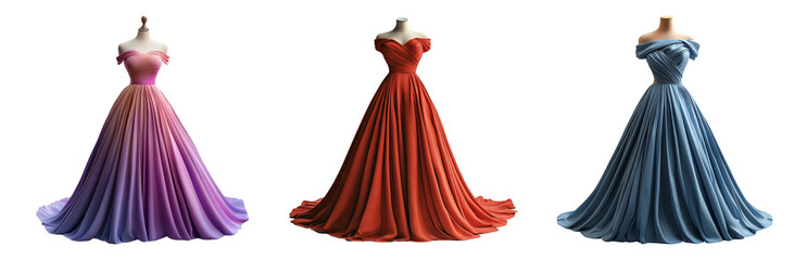 Obraz premium PNG Evening Dresses Displayed on Mannequins Isolated on Transparent Background