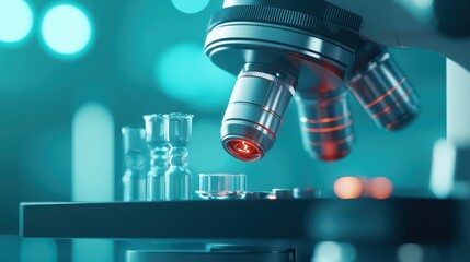 Close up of a modern microscope with laboratory glassware in a scientific research setting.