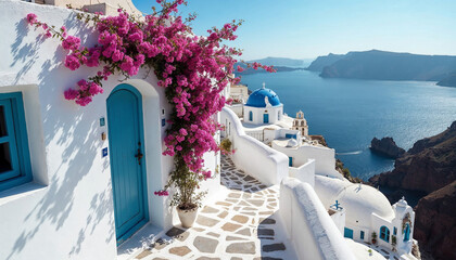 Fototapeta premium A scenic Santorini house with bougainvillea, blue domes, and Aegean Sea, ideal for tourism.