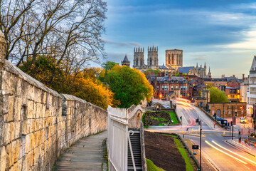 The city of York in England with its medieval wall and the York Minster at sunset