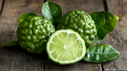 Fototapeta premium bergamot with chadow and clipping path isolated on a wooden table