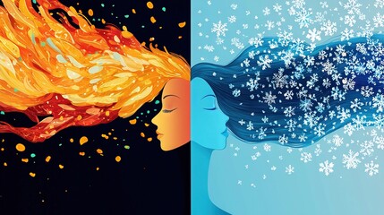   A painting of a woman with her hair blowing in the wind and another depicting the same