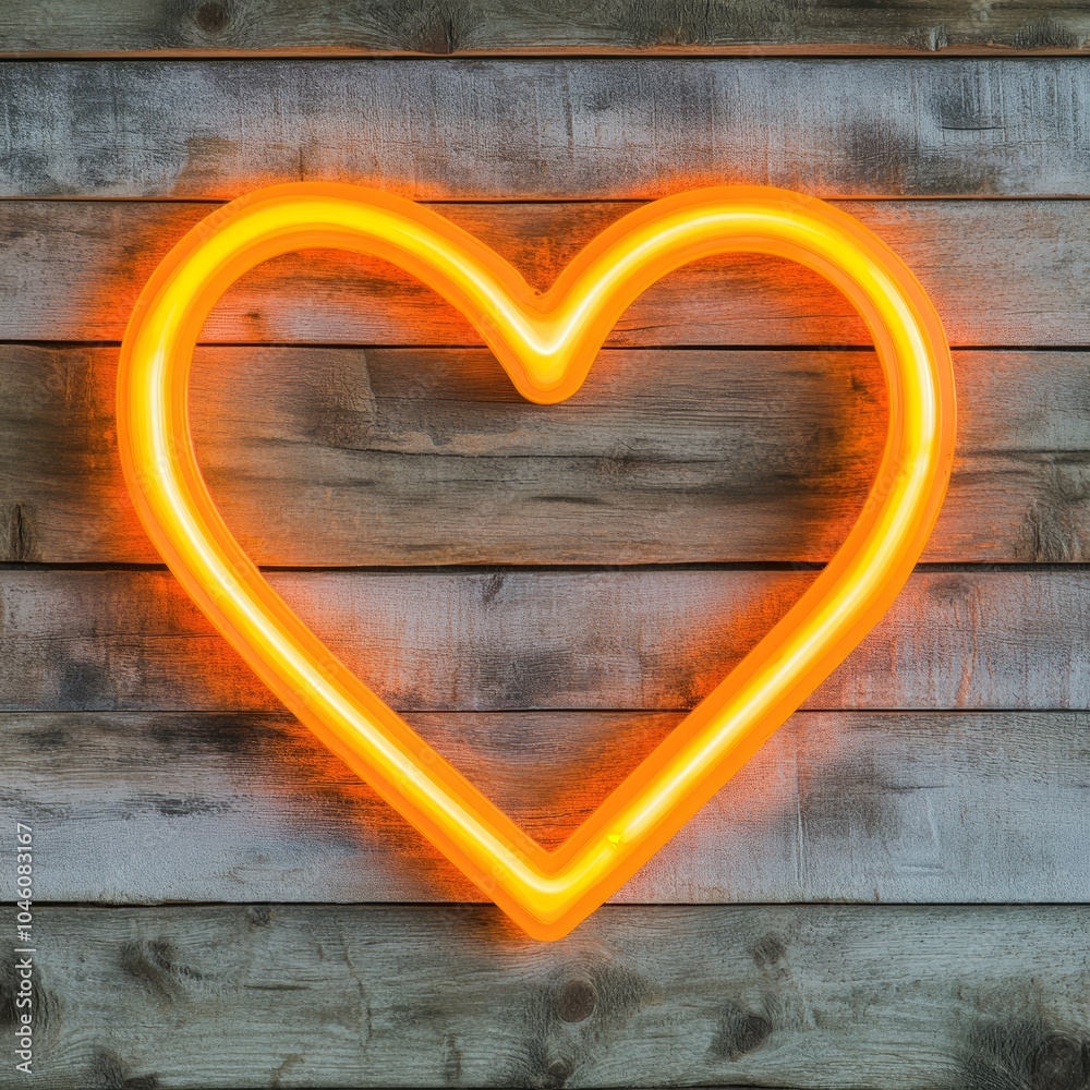 Wall mural Neon heart sign glowing against a wooden background.