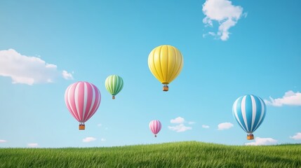 Naklejka premium Colorful hot air balloons soaring over a green meadow under a blue sky with fluffy clouds.