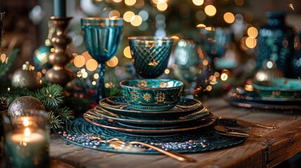 Fototapeta premium Elegant holiday table setting with green and gold dinnerware, festive decorations, and candlelight on a wooden table.