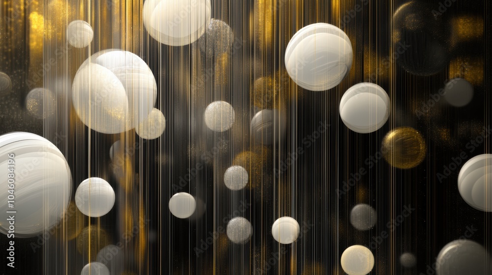 Fototapete The composition showcases an array of white and golden spheres, appearing to float in a dark setting with vertical lines enhancing depth. Generative AI