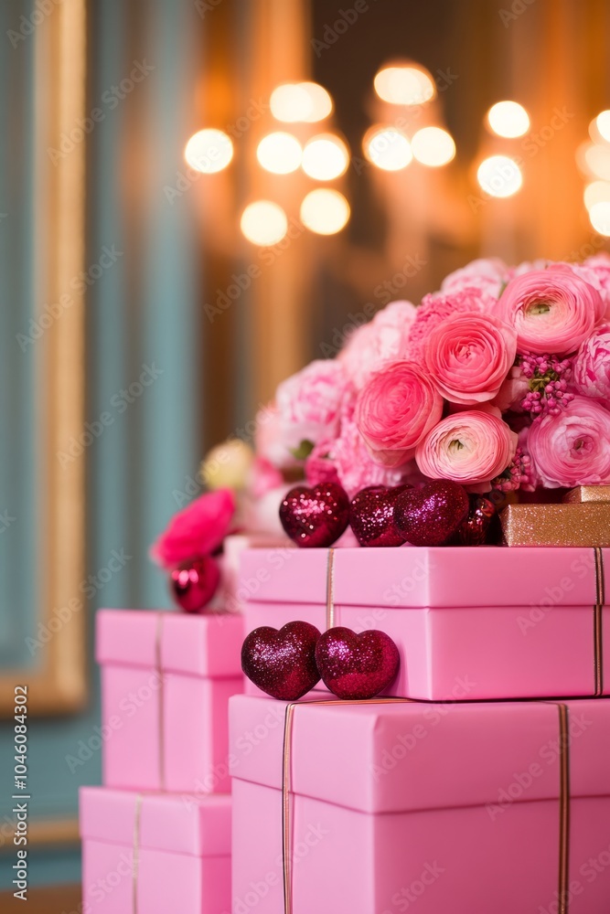 Sticker Pink gift boxes adorned with flowers and hearts for a celebratory occasion.