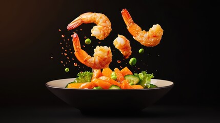 Delicious shrimp flying over a colorful vegetable salad in a black bowl on a dark background.