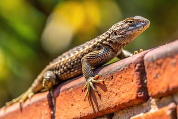 Western Fence Lizard basking on red brick wall reflecting in California sun