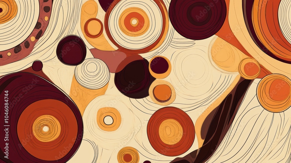 Poster This vibrant doodle design showcases retro-inspired shapes with warm tones and intricate vintage patterns reminiscent of the 70s and 80s. Generative AI