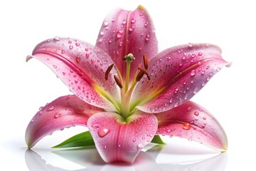 Fototapeta premium Wet pink lily isolated on white background extreme close-up