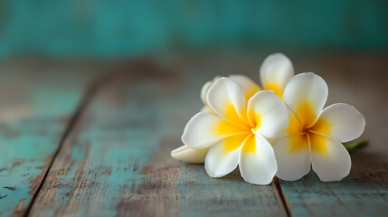 Fototapeta premium Tropical flowers frangipani plumeria isolated on a wooden table