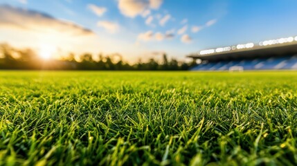 Fresh green grass on a sports field during sunset, showcasing a vibrant and serene atmosphere.