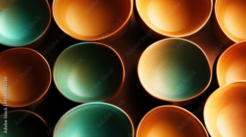 Poster circular tea cups in warm brown and green hues create an inviting atmosphere for enjoying a comforti
