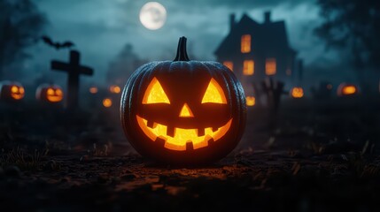 Glowing jack-o'-lantern in a spooky graveyard under a full moon.