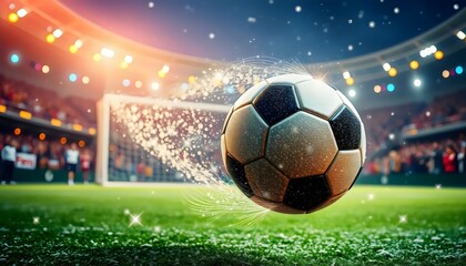 Naklejka premium Soccer Ball Approaching Goal - Action Shot, Stadium Lights, Sparkling