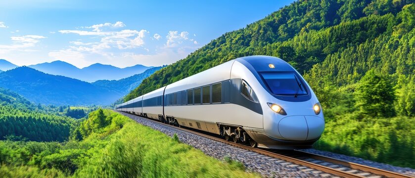 High-speed train traveling through a lush green landscape with mountains in the background.