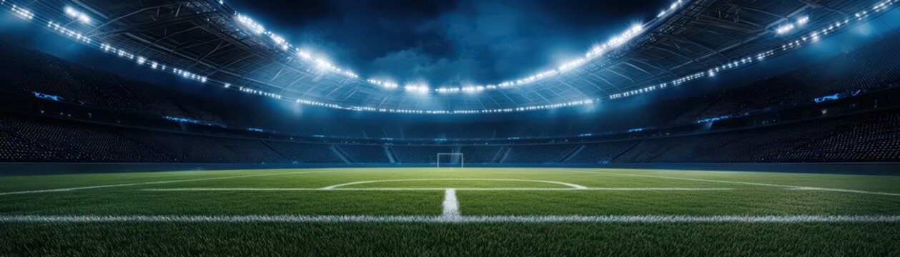 Fototapeta Illuminated soccer stadium at night, vibrant green grass, exciting atmosphere, professional sports field.