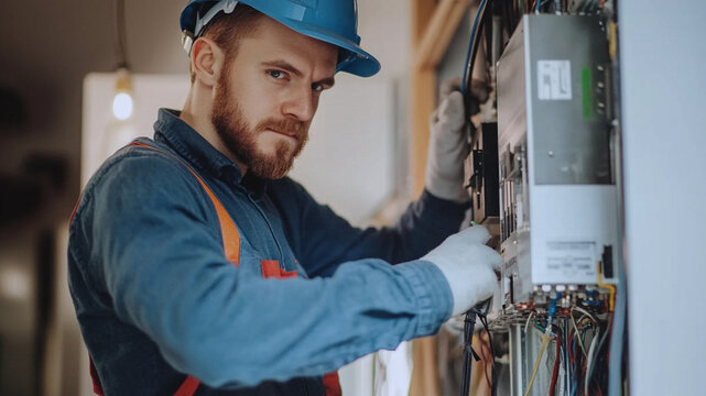 electrician wearing blue working on electrical issues in modern home 